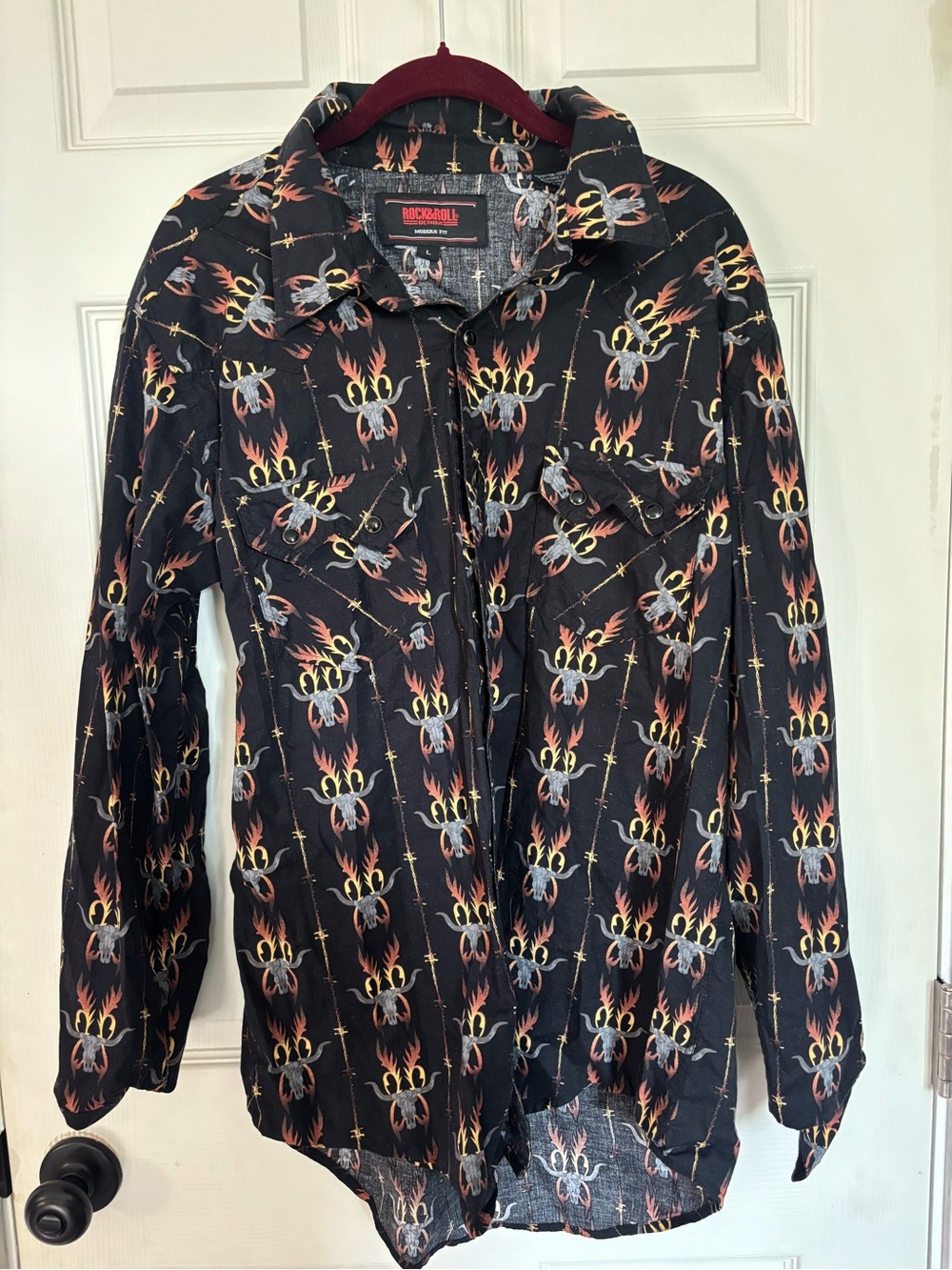 Rock & Roll Black Flame & Skull Print Button-Down Shirt